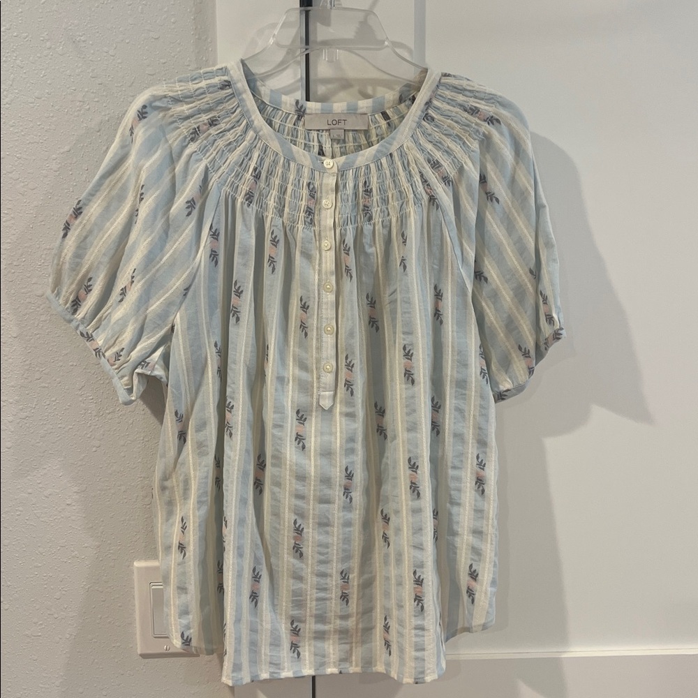 LOFT Blue and White Striped Floral Top